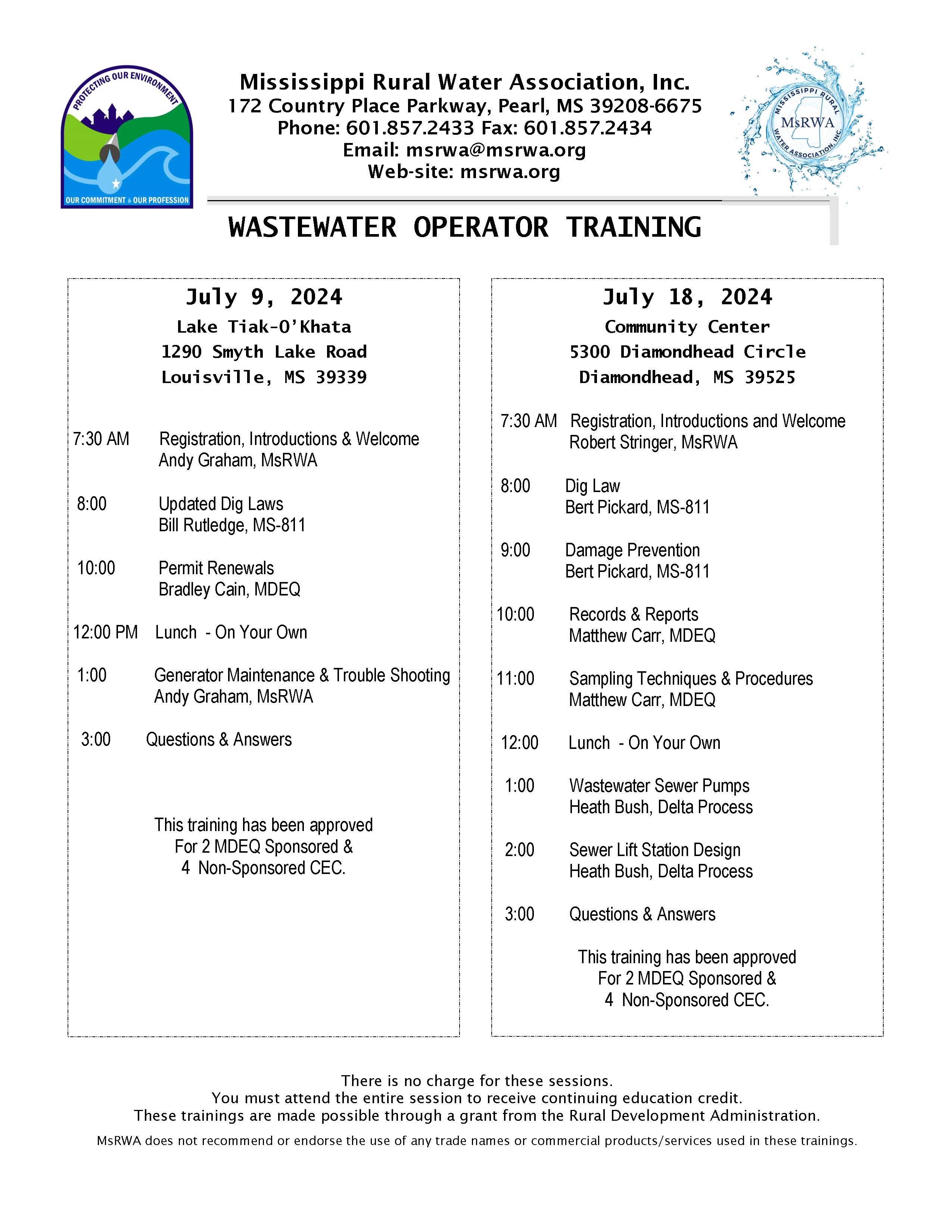 Wastewater Operator Training - 2S/4NS - Louisville @ Lake Tiak-O'Khata
