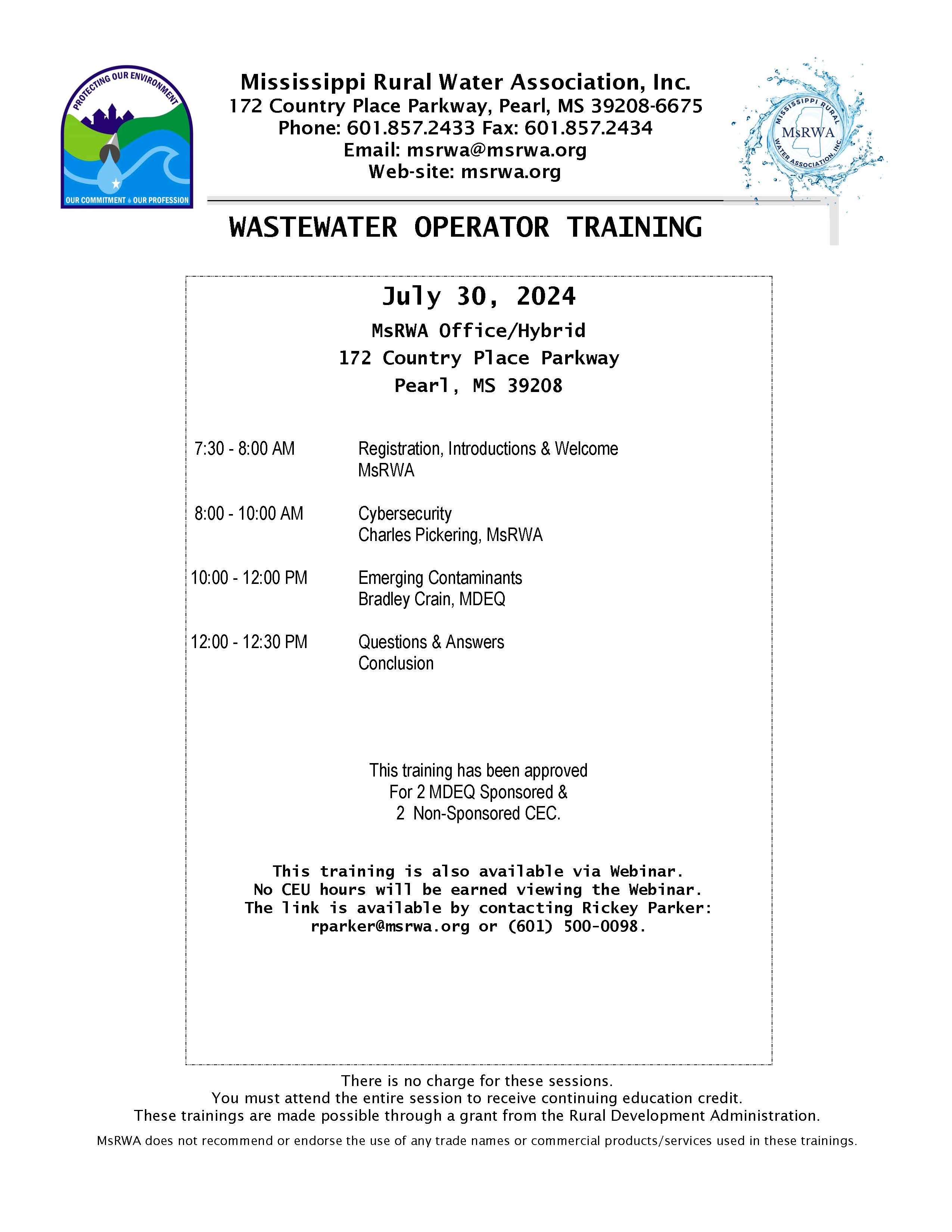 Wastewater Operator Training - 2S/2NS - Pearl @ MsRWA Office