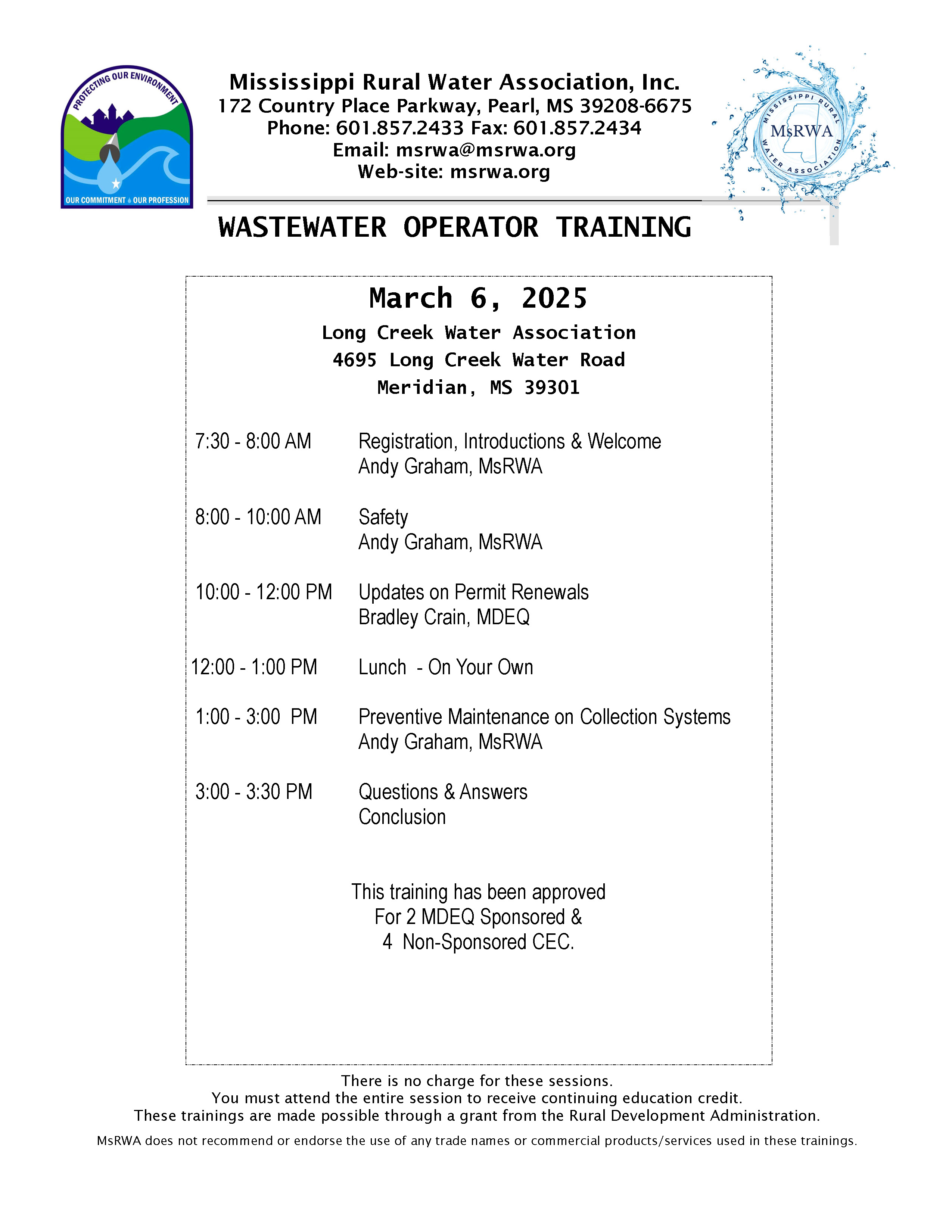 Wastewater Operator Training - 2S/4NS - Meridian @ Long Creek Water Association