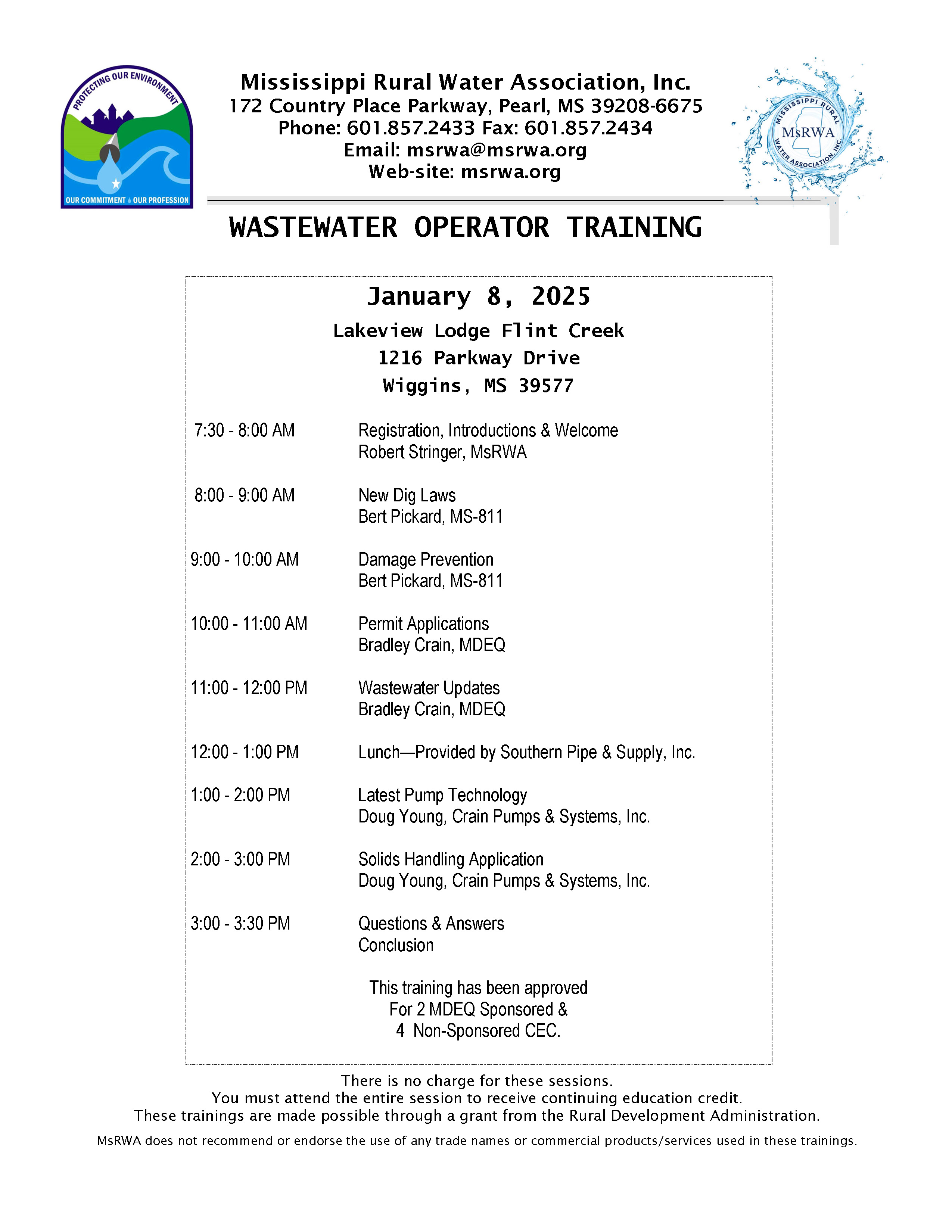 Wastewater Operator Training 2S/4NS - Wiggins @ Lakeview Lodge Flint Creek