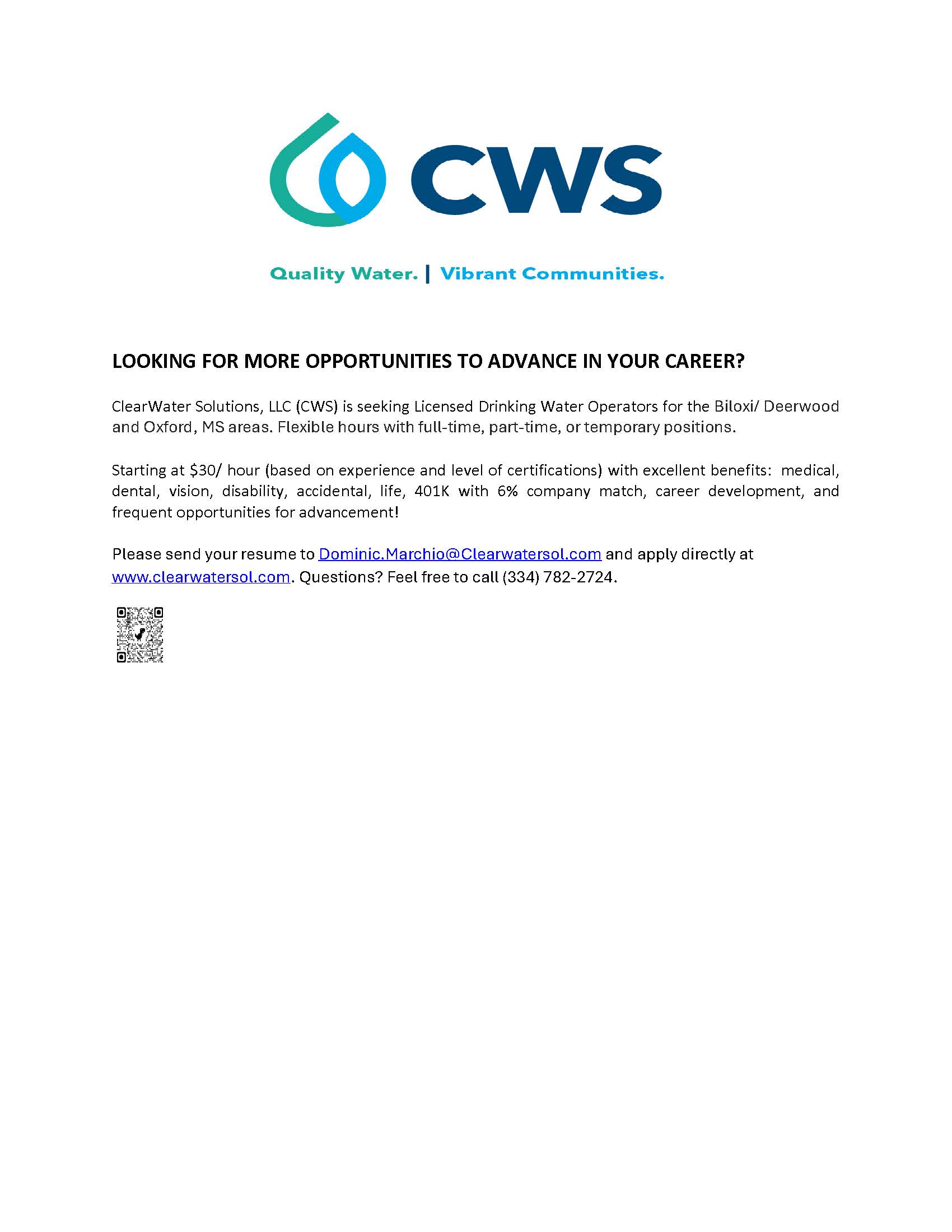 ClearWater Solutions, Inc. is hiring water operators.
