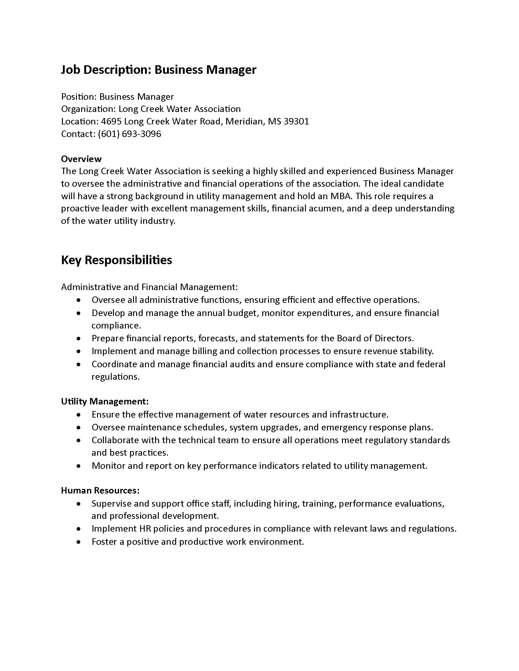 Job Opening - Long Creek Water Association Business Manager Page 1