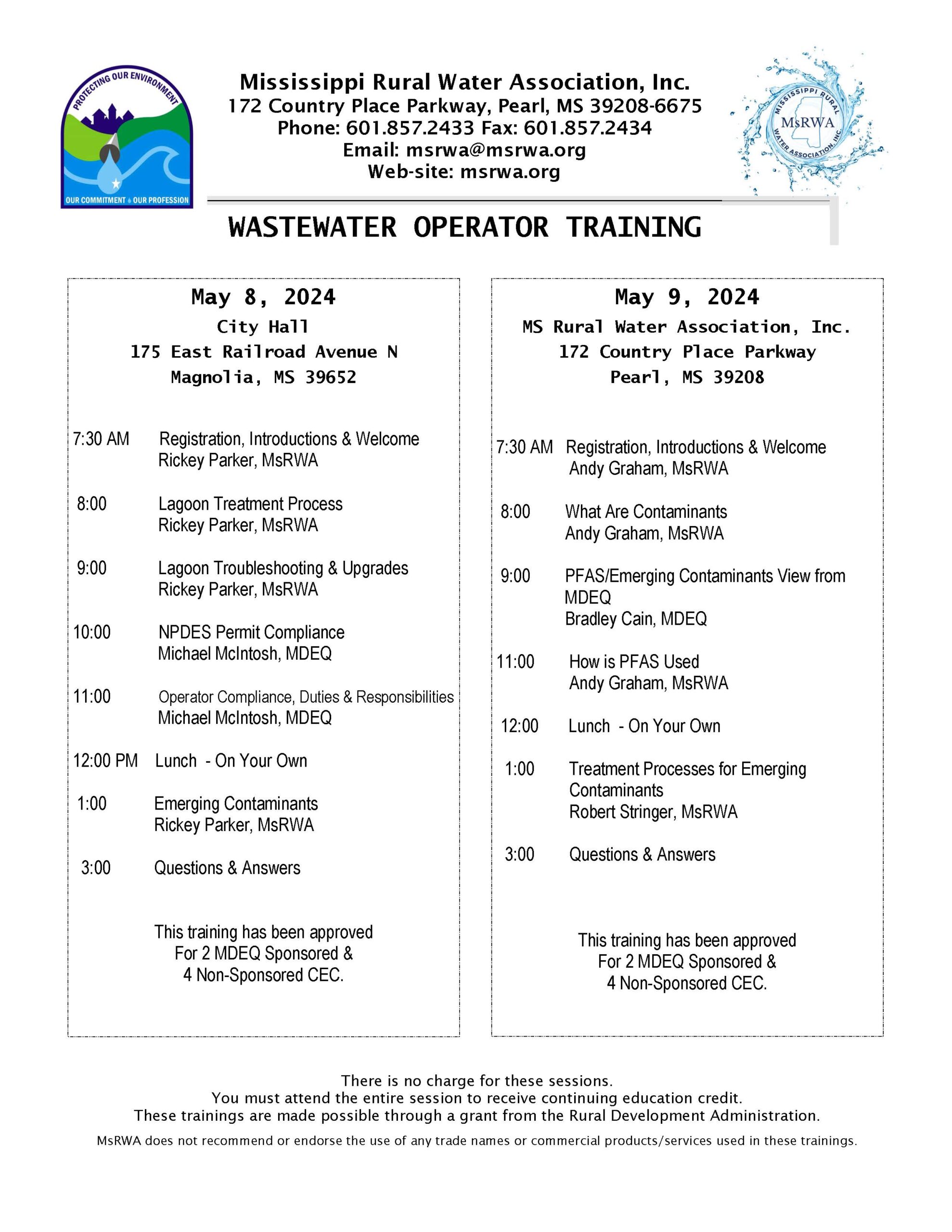Wastewater Training - 2S/4NS - Pearl @ MS Rural Water Association, Inc.