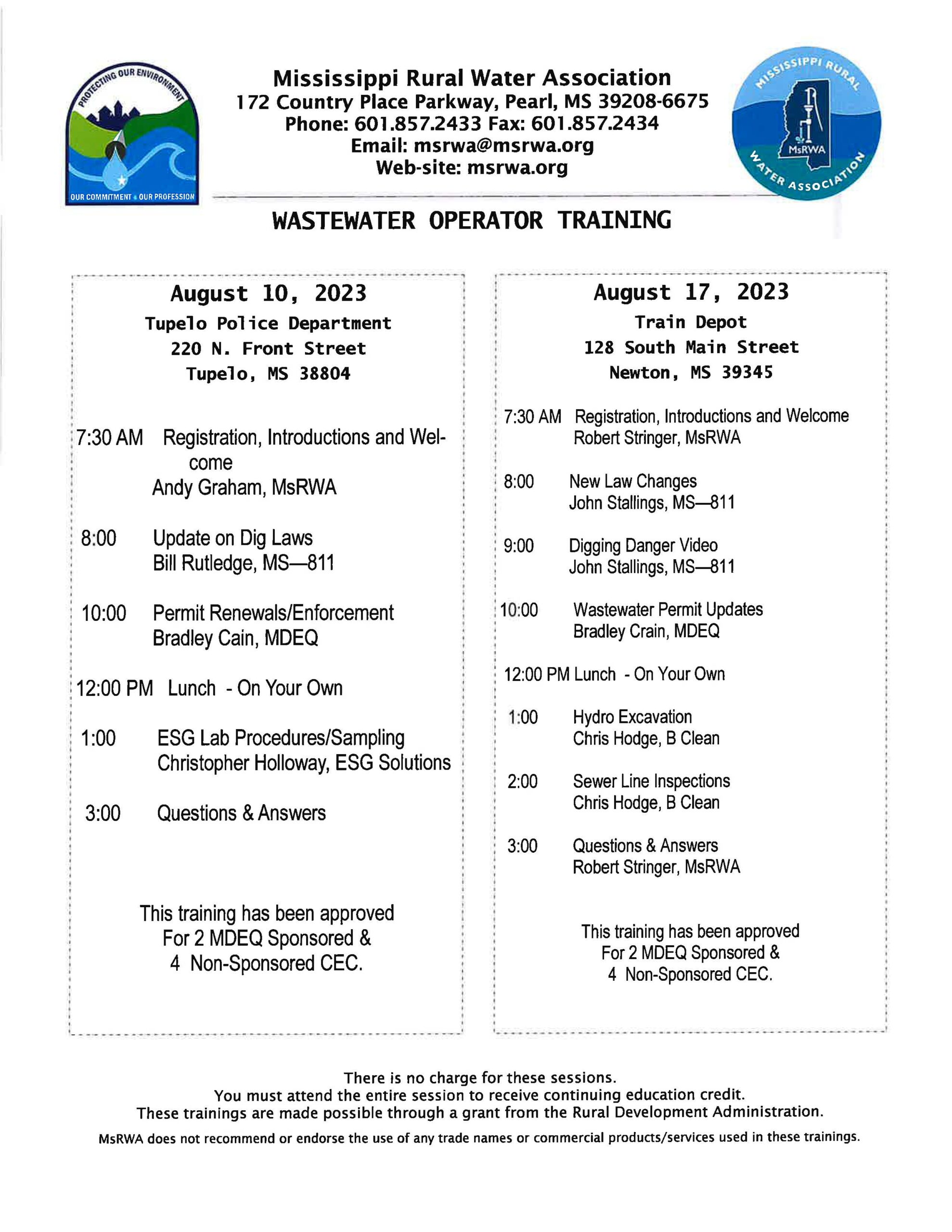 Training & Events - MsRWA | Mississippi Rural Water Association