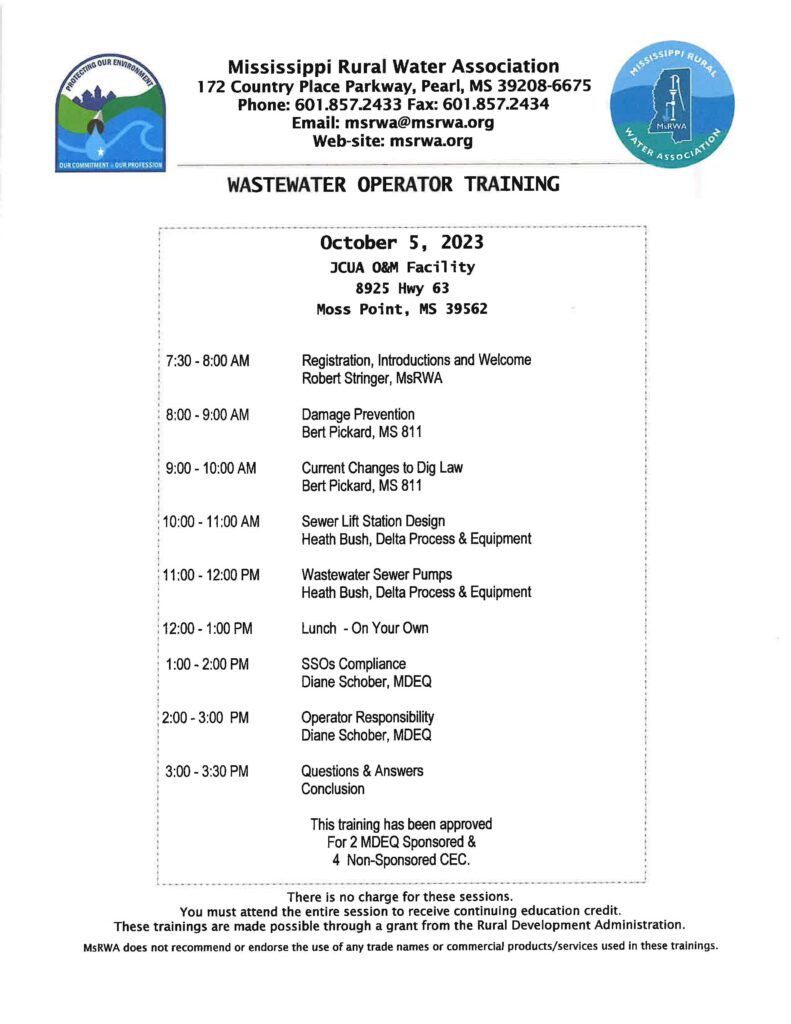 Wastewater Training - 2S/4NS - Moss Point @ Jackson County O&M Facility